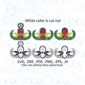 May include: Three colored versions of a military award badge with a bomb, lightning bolts, and a wreath. Below are three black and white versions of the same badge. The text "White color is cut out" and ".SVG, .DXF, .PDF, .PNG, .EPS, .AI Files are without blue watermark" are also included.