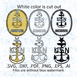 May include: An image showcasing six variations of a USN Command emblem, featuring an anchor, star, and chain design. The emblems are in gold, black and white, and black. Text includes "USN" and "COMMAND". The image also lists file formats.