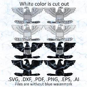 May include: A digital design featuring six eagle illustrations in black and white. The text "White color is cut out" is at the top. Below are file format options: .SVG, .DXF, .PDF, .PNG, .EPS, .AI. The text "Files are without blue watermark" is at the bottom.