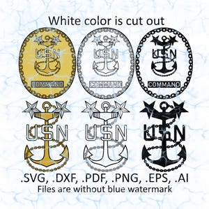 Può includere: Grafica con sei varianti di un emblema USN Command. I disegni includono un'ancora, stelle e la scritta "USN COMMAND". Le combinazioni di colori variano dall'oro al nero, con dettagli a catena.