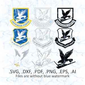 May include: A collection of Air Force Security Forces Center and Defensor Fortis logos in various styles, including color, outline, and black silhouettes. The logos feature an eagle and the text "DEFENSOR FORTIS" and "AF SECURITY FORCES CENTER". The image also includes file type information.