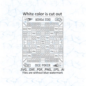 May include: A black and white printable dice poker game board with the text "Dice Poker" at the top and bottom. The board shows different dice combinations and their corresponding scores, including "Straight", "Full House", "Lucky 7", and "Free".