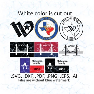 May include: A digital design file for a Waco, Texas themed SVG cut file. The design includes the Waco city seal, a bridge, and the McLennan County seal. The text "CITY OF WACO" and "TEXAS" are included in the design. The design is available in SVG, DXF, PDF, PNG, EPS, and AI formats. Files are without blue watermark.