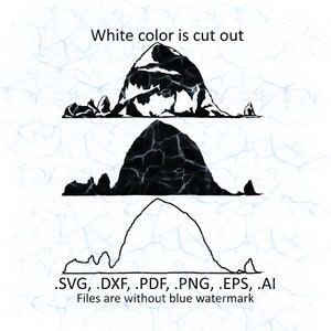 May include: A black and white mountain graphic with the text "White colour is cut out". Three mountain graphic variations are shown. The bottom of the image lists file types: .SVG, .DXF, .PDF, .PNG, .EPS, .AI.