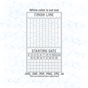 May include: Black and white line art illustration of a finish line and starting gate with the text "FINISH LINE" and "STARTING GATE" and the numbers 2 through 12 below the text "STARTING GATE". The text "SCRATCHED" is below the numbers. The text ".SVG, DXF, PDF, PNG, .EPS, .AI Files are without blue watermark" is at the bottom of the image.