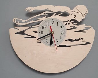Swimming Wall Clock Wooden Home Decor Office Hanging Sports Championship Gift Art Kitchen Kids Office Room Christmas Birthday Swimming Clock