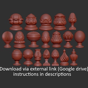 May include: A collection of eighteen terracotta-coloured finials arranged in three rows. Each finial features a distinct geometric or organic shape, including spheres, ribbed designs, floral patterns, and pointed tops, all set on small pedestals.
