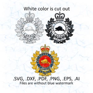 May include: A black and white graphic design of the Canadian military engineers crest. The crest features a beaver, a crown, and the words "Engineers" and "Genie" in a circle around the beaver. The words "Canada" and "Ubique" are below the beaver. The crest is surrounded by a wreath of maple leaves.