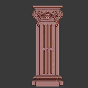 May include: A detailed, reddish-brown decorative column with ornate carvings. The column features a capital with scroll and leaf designs, a fluted shaft, and a decorative base. The design is reminiscent of classical architecture.