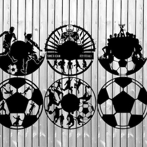 Könnte beinhalten: Sechs schwarz-weiße Silhouetten-Designs von Fußballspielern und einem American-Football-Spieler. Die Designs sind kreisförmig und tragen die Aufschriften "American Football" und "Football".