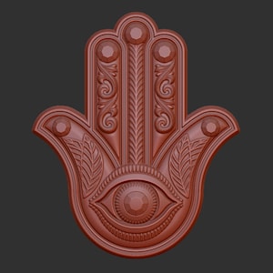 Puede incluir: Una mano de hamsa roja detallada con un ojo en el centro. La hamsa es un símbolo de protección y buena suerte.