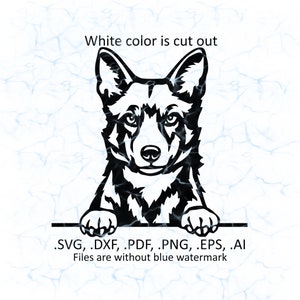 Puede incluir: Silueta en blanco y negro de un pastor alemán asomándose por encima de una superficie. El texto .SVG, .DXF, .PDF, .PNG, .EPS, .AI y "Files are without blue watermark" están debajo del perro.