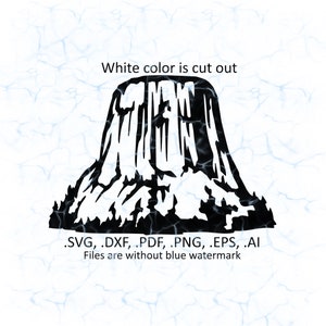 Op de afbeelding: Zwarte en witte silhouet van een berg, mogelijk Devil's Tower National Monument. De tekst .SVG, .DXF, .PDF, .PNG, .EPS, .AI en Files are without blue watermark staat onder de afbeelding.