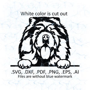 May include: Black and white silhouette of a Chow Chow dog peeking over a banner. The text on the banner reads '.SVG, .DXF, .PDF, .PNG, .EPS, .AI Files are without blue watermark'.