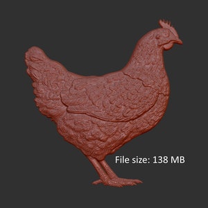 May include: A detailed 3D model of a brown chicken, rendered in a reddish-brown colour. The model shows the chicken's feathers, beak, and legs in a realistic style.