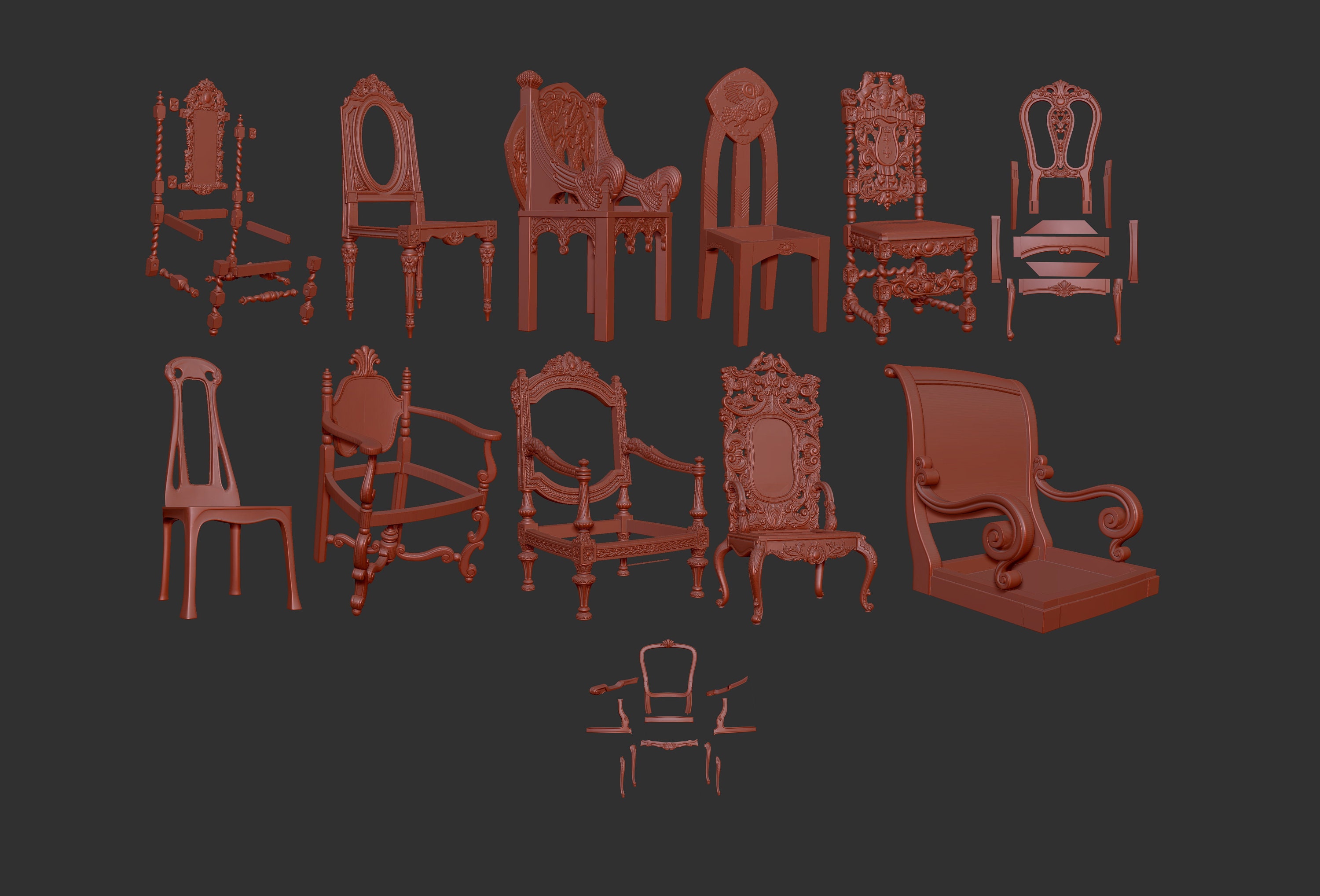 Chairs 3d stl models set, CNC Router Engraver, Artcam, Aspire, CNC files