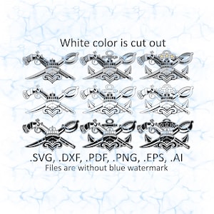 May include: A collection of nine black and white nautical-themed graphics. Each design features a ship, crossed swords, and an anchor. The text "White color is cut out" is above the graphics. Below the graphics are file type abbreviations.