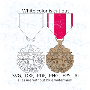 May include: Two versions of a military medal, one in black and white and the other in colour. The medal features a star with an eagle in the centre and a ribbon.