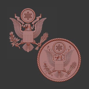 May include: Two 3D renderings of the Great Seal of the United States. The seal features an eagle with outstretched wings, holding an olive branch and arrows. The seal also includes a shield, stars, and the text "E Pluribus Unum".
