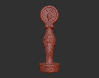 May include: A red clay sculpture of a female figure with a spiral design on the torso and a crescent moon symbol on the head. The figure stands on a round base.