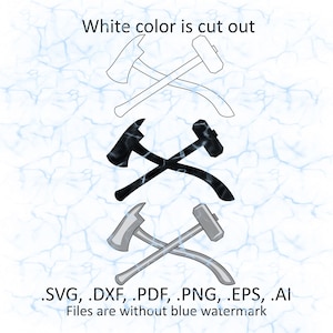 May include: An image showcasing three variations of crossed axes and hammers. The top design is a black outline, the middle is black with lightning-like accents, and the bottom is gray. Text at the top reads "White color is cut out."