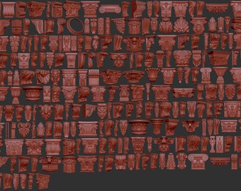 May include: A collection of 100+ 3D models of ornate architectural elements, including capitals, corbels, and moldings. The models are rendered in a reddish-brown color and are arranged in a grid pattern.