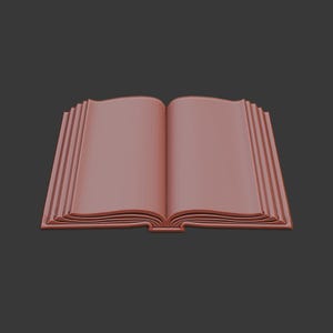 Puede incluir: Un libro abierto de color marrón rojizo, sobre un fondo gris oscuro. Las páginas están desplegadas y el lomo es visible. El libro parece estar hecho de un material sólido.