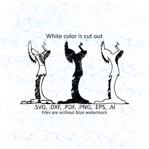 May include: Black and white digital art featuring three stylized figures with outstretched arms and lightning bolt-shaped headwear. The text "White color is cut out" is above the figures. Below are file format options: .SVG, .DXF, .PDF, .PNG, .EPS, .AI.