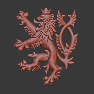 Op de afbeelding: Een 3D-model van een rode leeuw met een kroon op zijn kop, staand op zijn achterpoten met zijn voorpoten omhoog. De leeuw wordt omringd door een decoratief bloemmotief.