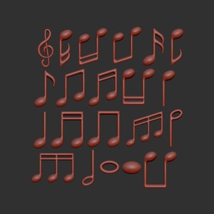 Könnte beinhalten: Eine Sammlung von 3D-gedruckten Musiknoten in brauner Farbe. Die Noten umfassen Violinschlüssel, Viertelnoten, Achtelnoten, Halbenoten und Ganze Noten.