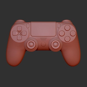 May include: A red plastic video game controller with buttons and a touchpad. The controller has a textured surface.