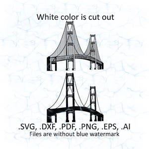 May include: Black and white silhouette of the Mackinac Bridge, a suspension bridge in Michigan. The image is a digital download for crafting projects.