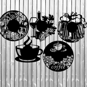 Wine Coffee Beer clock face template laser cut dxf, cdr files