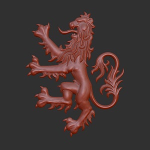 May include: A 3D printed model of a red lion rampant, a heraldic symbol often used in coats of arms.