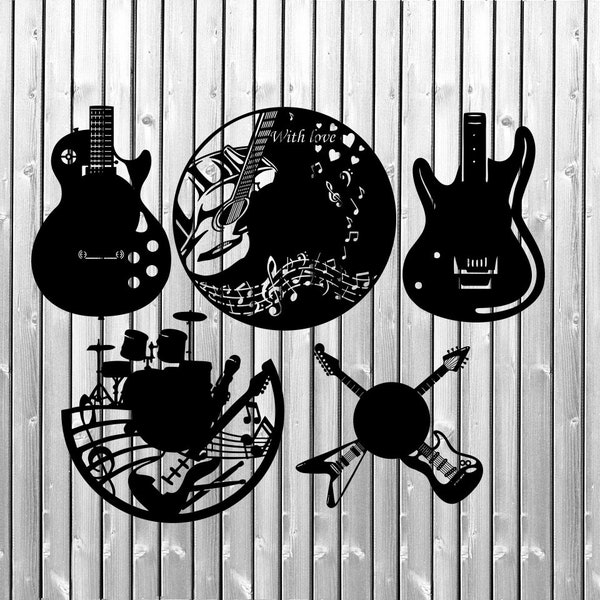 5 Guitar clock face template laser cut dxf, cdr files