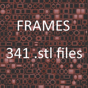 Peut inclure: Une collection de 341 cadres photo ornés de formes et de tailles variées. Les cadres sont tous de couleur brun rougeâtre et présentent des détails complexes. Les cadres sont disposés en grille sur un fond sombre. Le texte "FRAMES" est affiché en lettres blanches en haut de l'image. Le texte "341.stl files" est affiché en lettres blanches en bas de l'image.