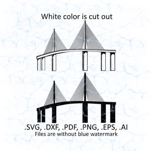 May include: Black and white silhouette of a bridge with a curved top and multiple vertical supports. The text .SVG, .DXF, .PDF, .PNG, .EPS, .AI and "Files are without blue watermark" are below the image.