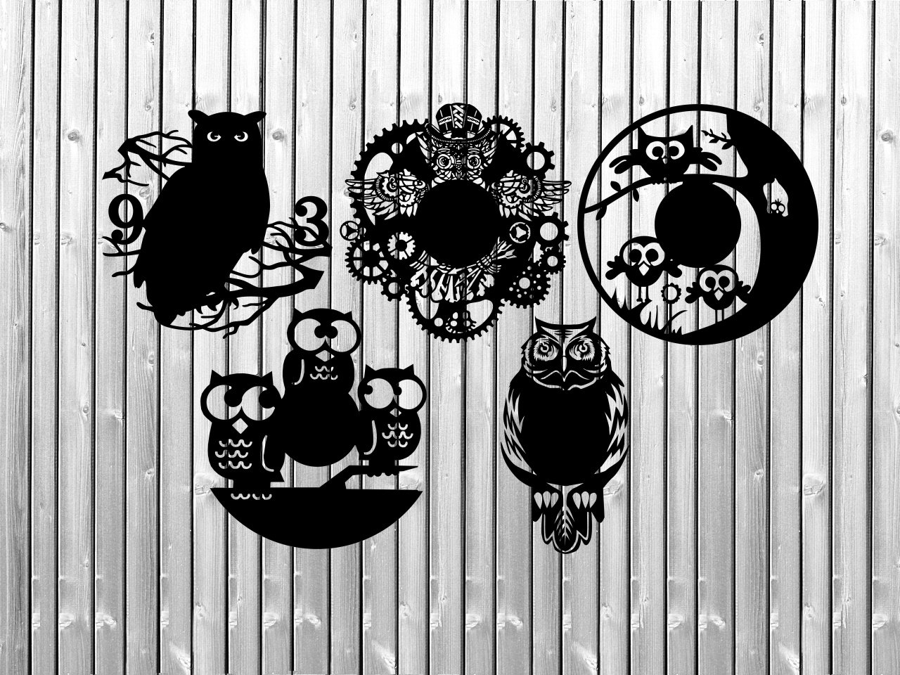 5 Owls clock face template laser cut dxf, cdr files