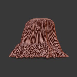 May include: A 3D-rendered model of a geological formation, resembling a mesa or butte. The structure is a reddish-brown color, with vertical striations on the upper portion and a textured, cracked base.