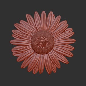 Könnte beinhalten: Eine Nahaufnahme eines 3D-gedruckten Modells einer Sonnenblume. Die Sonnenblume ist tiefrot und hat eine detaillierte Mitte.