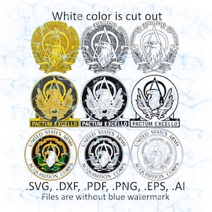 May include: A collection of nine military-themed digital design files. The designs feature eagle emblems with text that reads "Innovation, Excellence, Dedication", "Pactum Excello", and "United States Army Acquisition Corps". The text "White color is cut out" is also present.