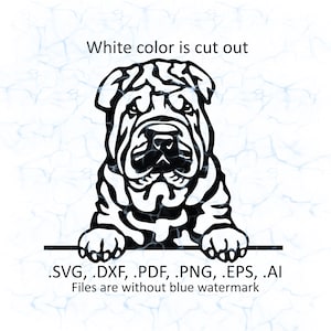 May include: A black and white Shar Pei dog illustration with the text "White color is cut out". The image includes file format options: .SVG, .DXF, .PDF, .PNG, .EPS, .AI. The files are without a blue watermark.