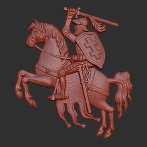 Puede incluir: Un modelo impreso en 3D de un caballero a caballo, sosteniendo una espada y un escudo. El caballero lleva armadura y casco, y el caballo está detallado con una melena y cola fluidas. El escudo presenta una cruz con un diseño estilizado.