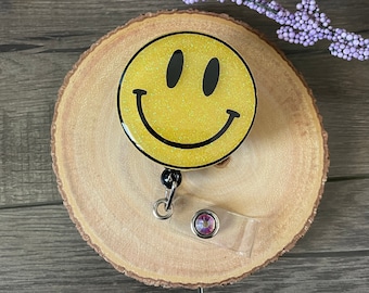Happy Face Glitter Badge Reel: Custom Retractable ID Holder
