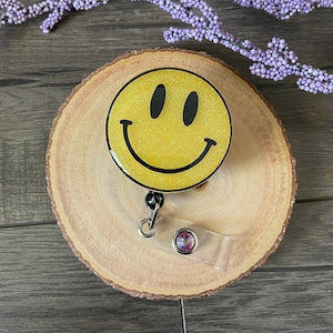 Happy Face Glitter Badge Reel: Custom Retractable ID Holder