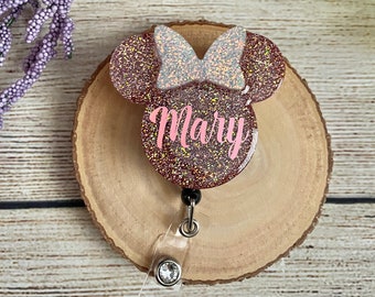Minnie Mouse Inspired Personalized Glitter Badge Reel