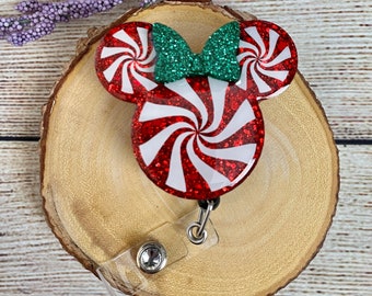 Peppermint Candy Mouse Badge Reel: Christmas Medical ID Holder