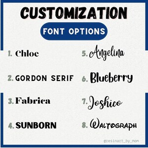 May include: A graphic with the text "CUSTOMIZATION" in bold, black letters. Below the text is a blue rectangle with the text "FONT OPTIONS" in white letters. The graphic lists eight different font options with numbers and names, including Chloe, Gordon Serif, Fabrica, Sunborn, Angelina, Blueberry, Joshico, and Waltograph.