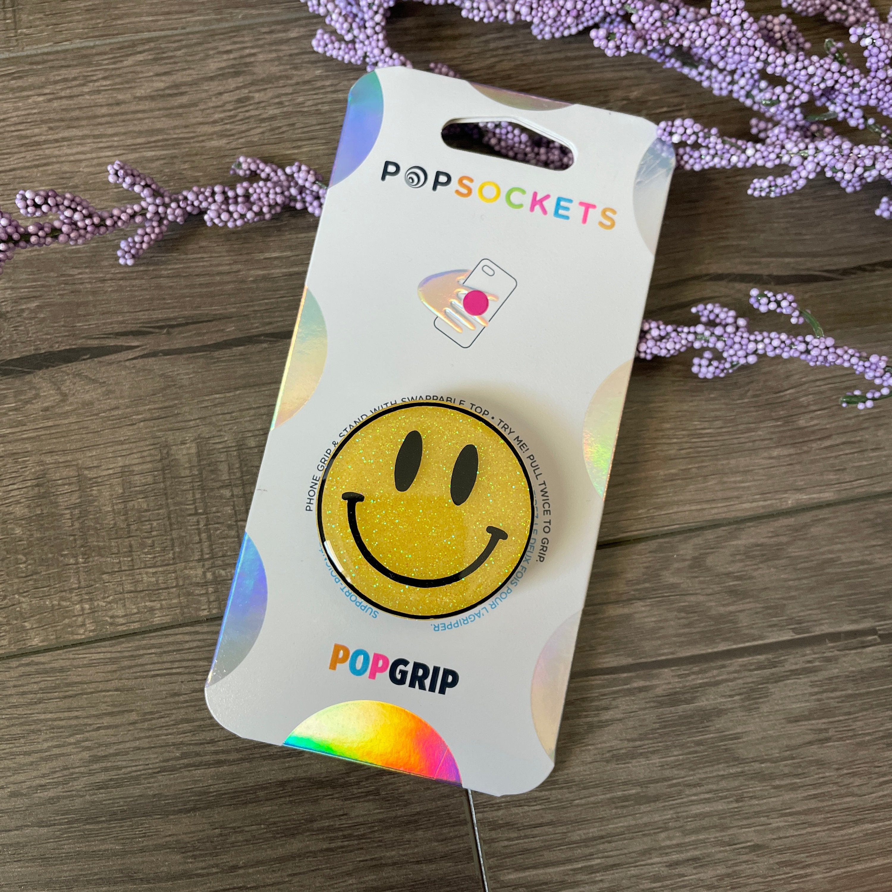 Smiley Face Popsocket Grip: Yellow Glitter, Swappable Top - Etsy