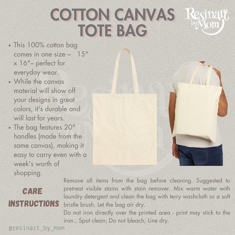 May include: Cream cotton canvas tote bag, size 38cm x 41cm, with 51cm handles. The text "COTTON CANVAS TOTE BAG" is visible. Care instructions are included. The bag is shown on a person's shoulder.